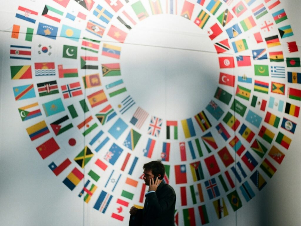 Flags at the World Bank illustrating an article with viewpoints from Boston Consulting Group, or BCG, on how generative AI is reshaping global competition and geopolitics, presenting challenges and opportunities for nations and businesses alike.