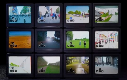 Screenshot of virtual TVs as London-based AI lab Odyssey launches a research preview of a model transforming video into interactive worlds.