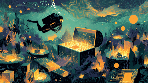 AI image comic book style illustration deep sea diver floats through green hued water above a treasure chest open to reveal glowing yellow circuit boards with more circuitry surrounding on the sea floor