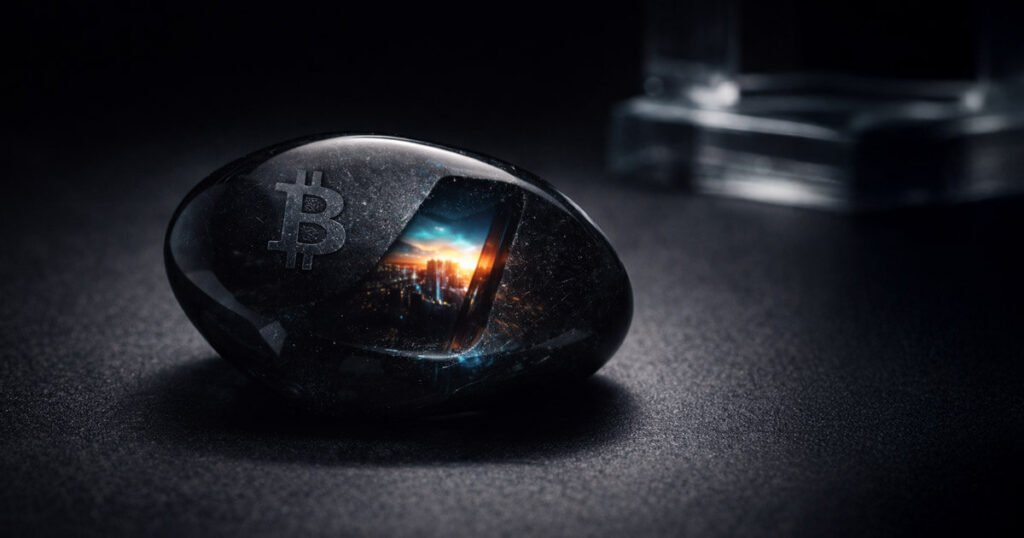 Bitcoin symbol embedded in a glossy stone revealing a hidden city image inside, representing a 66 kilobyte file concealed in a single transaction that bypassed popular blockchain filters