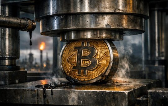 Bitcoin coin being crushed by an industrial press in a smoky refinery setting, symbolizing pressure on Bitcoin price as US economic growth slows and inflation remains persistent