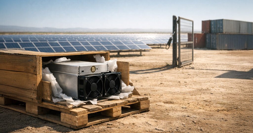 Bitcoin mining rig in a wooden crate beside solar panels and shipping containers in a desert site, reflecting Brazil cutting import duties to zero and plans to power miners with stranded solar energy