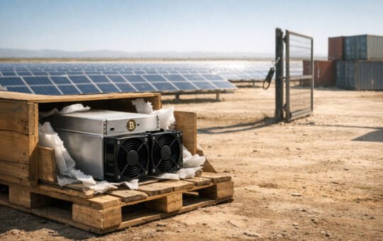 Bitcoin mining rig in a wooden crate beside solar panels and shipping containers in a desert site, reflecting Brazil cutting import duties to zero and plans to power miners with stranded solar energy
