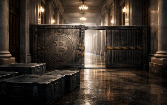 Bitcoin-marked barrier blocking a government hallway with cases left outside, symbolizing Citi lowering its price target as slow Washington policy delays impact crypto outlook