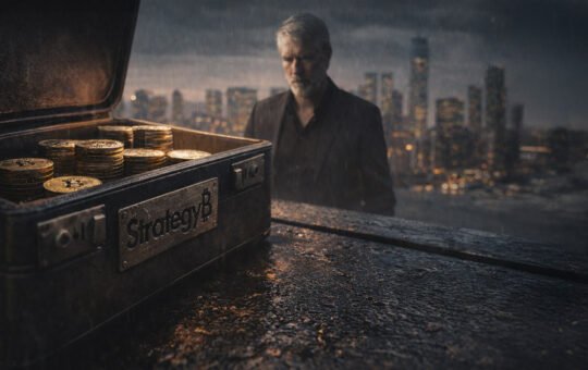 Bitcoin mining scene with a large BTC embedded in rock and industrial rigs in the background, symbolizing Strategy accumulating 66,231 Bitcoin in 68 days as STRC quietly funds the buying surge