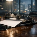 Bear trap snapping shut on a blank report beside spilled oil and a construction helmet on a boardroom table, symbolizing the Federal Reserve’s policy dilemma as soft CPI, weak jobs data, and rising oil prices collide