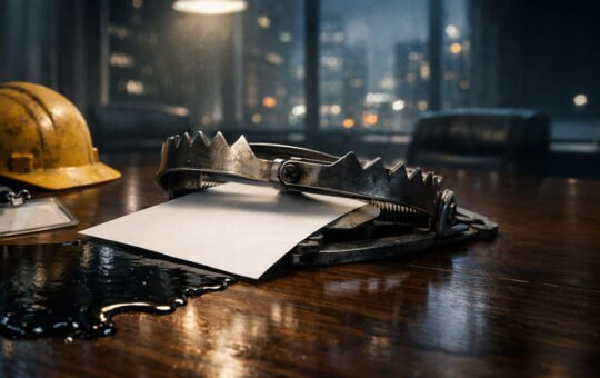 Bear trap snapping shut on a blank report beside spilled oil and a construction helmet on a boardroom table, symbolizing the Federal Reserve’s policy dilemma as soft CPI, weak jobs data, and rising oil prices collide