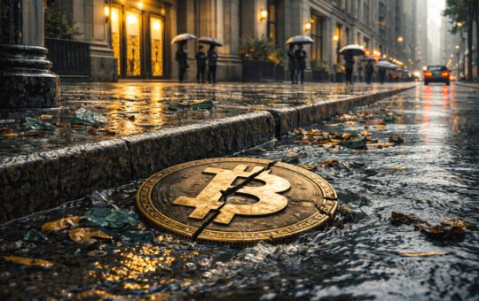 Cracked Bitcoin coin in a rain-soaked curbside gutter outside a financial district building as Wall Street continues on unfazed