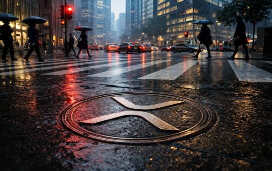 XRP logo on a rain-soaked city street as investors pull back, signaling first monthly outflow after a $1.2B ETF inflow streak