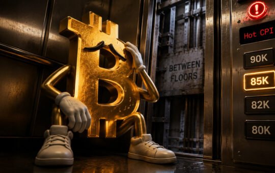 Worried Bitcoin character trapped in an elevator between price levels after hot CPI inflation data raised fears of renewed interest rate hikes