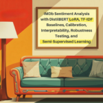 IMDb Sentiment Analysis with DistilBERT LoRA, TF-IDF Baselines, Calibration, Interpretability, Robustness Testing, and Semi-Supervised Learning