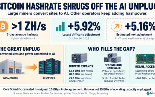 Bitcoin Hashrate Shrugs off the AI Unplug, Regaining 1 ZH/s Level