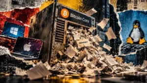 A Bitcoin Core server overflows with memory papers beside Windows and Apple laptops, while a Linux penguin appears on a separate panel.