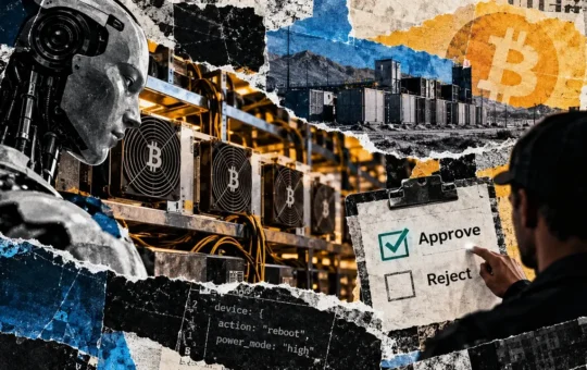 Editorial collage of an AI robot, Bitcoin mining rigs, and a human operator reviewing approval and rejection controls for equipment commands.