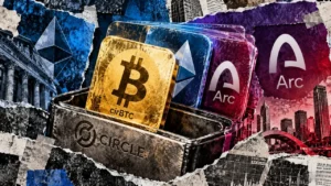 Editorial collage showing a Circle wallet containing cirBTC, Ethereum, and Arc cards against contrasting blue and purple financial backgrounds.