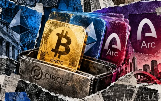Editorial collage showing a Circle wallet containing cirBTC, Ethereum, and Arc cards against contrasting blue and purple financial backgrounds.