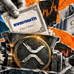 Editorial collage of a hand feeding an Evernorth share certificate into an XRP-marked machine, beside Cantor signage and trading charts.