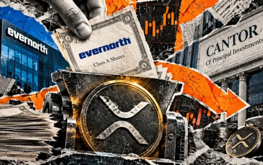 Editorial collage of a hand feeding an Evernorth share certificate into an XRP-marked machine, beside Cantor signage and trading charts.