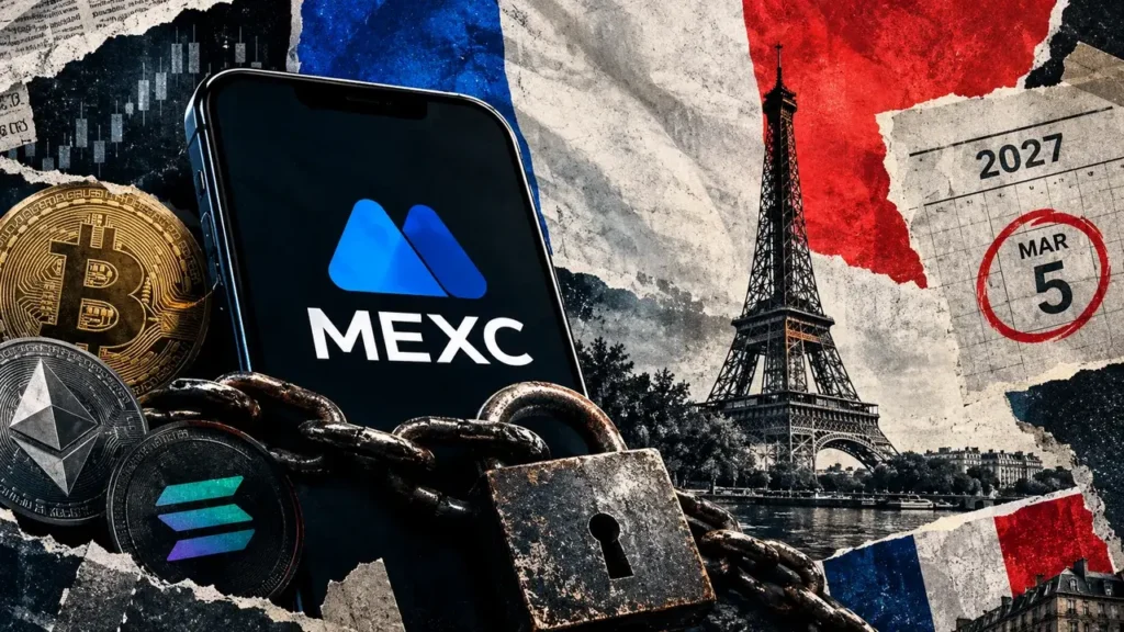 MEXC mobile trading screen secured by heavy chains and a padlock, with Paris and a March 5 deadline in the background.