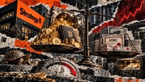 Editorial collage balancing Strategy’s Bitcoin treasury against STRC financing costs, dilution and declining Bitcoin-per-share yield.